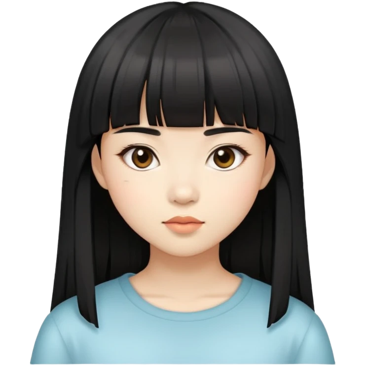 A girl with asian bangs and straight and slightly long hair, look like an asian  emoji
