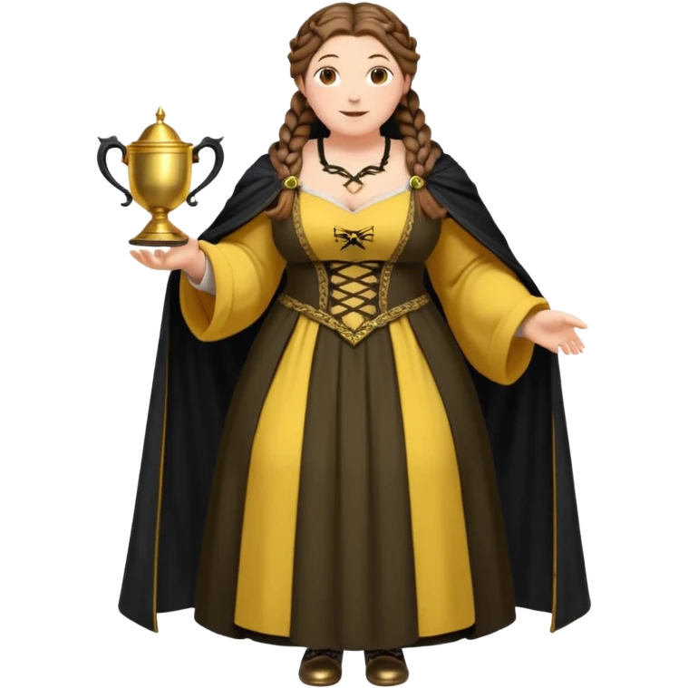 Helga Hufflepuff,brown-haired,2 braids,yellow-black medieval open dress,deep neckline,fat macromastia,black cloak decorated with gold braiding,gold cup with two handles,very kind smile,curvy busty sweet woman,round rosy cheeks,full length with medieval shoes emoji