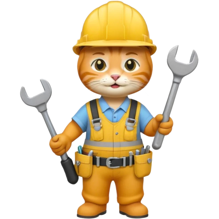 orange tabby cat wearing yellow hard hat holding tiny wrench, standing upright with tool belt, 3D emoji style emoji