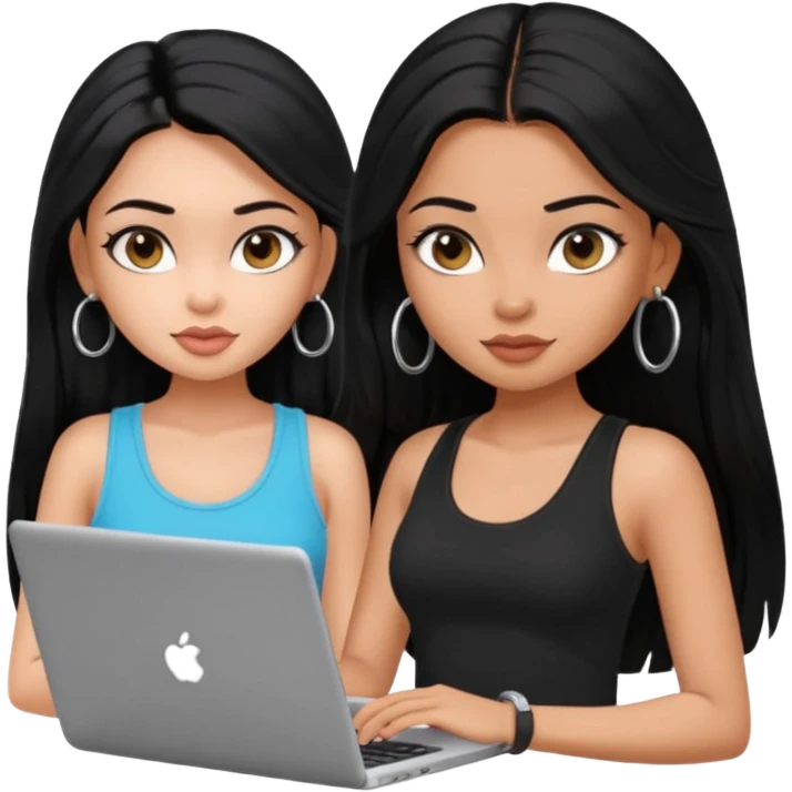 a pretty bratz dusky girl with long black hair, kajal under eyes, small silver hoop. black tank top on. laptop in hand emoji