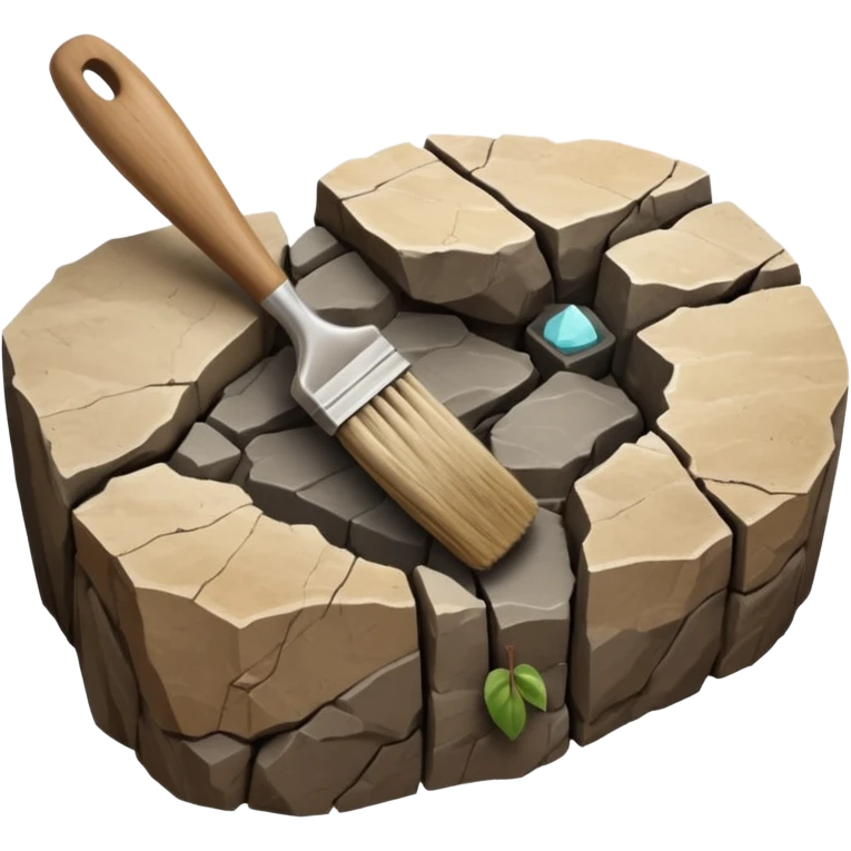 3D render of Archeology Brush, embedded in a chunk of rough sedimentary rock, cracked stone texture, ancient fossil aesthetic,pale wooden handle with dusty beige bristles, matte dry finish, Apple emoji style, isolated on white background --v 6.0. emoji
