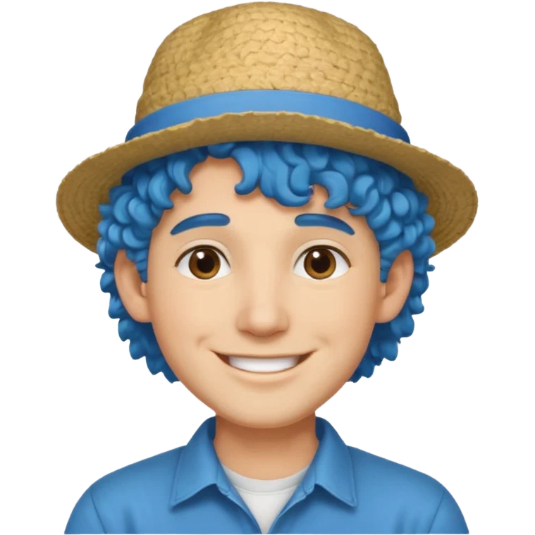 mid blue haired man curly hair and big earrings and and hat wearing emoji