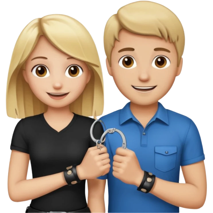 a blonde girl holding handcuffs with her brown haired boyfriend  emoji
