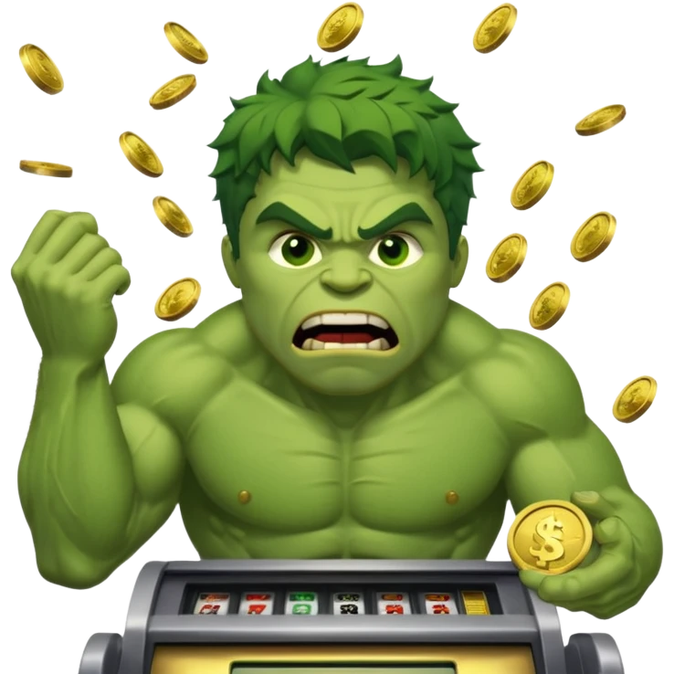 disheveled hulk losing money at a slot machine, panicked face, coins flying emoji