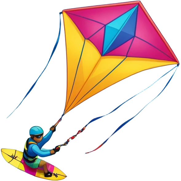 A vibrant kite soaring high in the sky, attached to a kiteboarder riding the waves below. The scene is filled with bright colors, capturing the energy of the sport. The background features the ocean, wind-blown waves, and a clear sky, showcasing the excitement and freedom of kiting. emoji