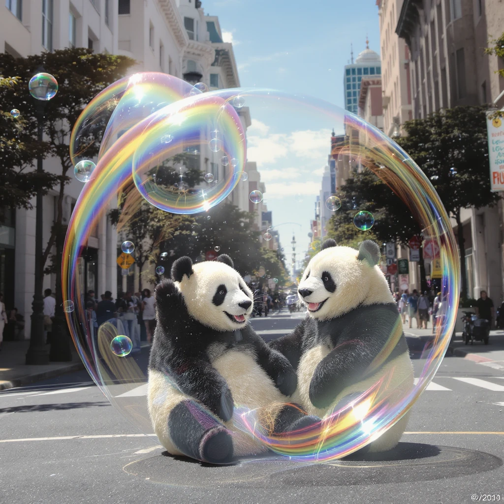 Cinematic still pandas bears sitting inside bubbles flying around San Francisco downtown, sunny summer day, happy vibe, colorfull surround, rainbow emoji