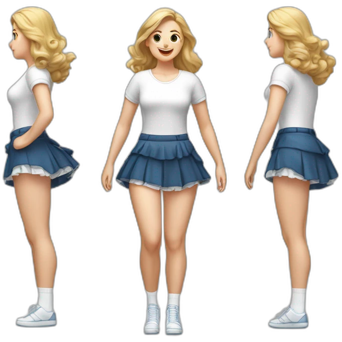 hyperrealistic-full-body-caucasian-curvy-beauty-jumping-small white-skirt-back-and-front-views-strong-wind-white knickers white socks emoji