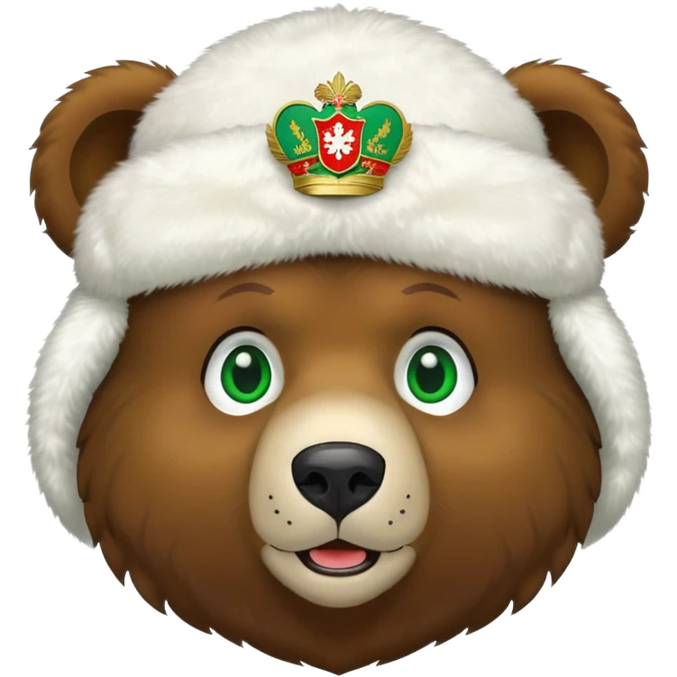 Sweet brown bear face with green eyes, white fluffy ushanka hat with very visible Russian Federation coat of arms in center, iOS emoji style emoji