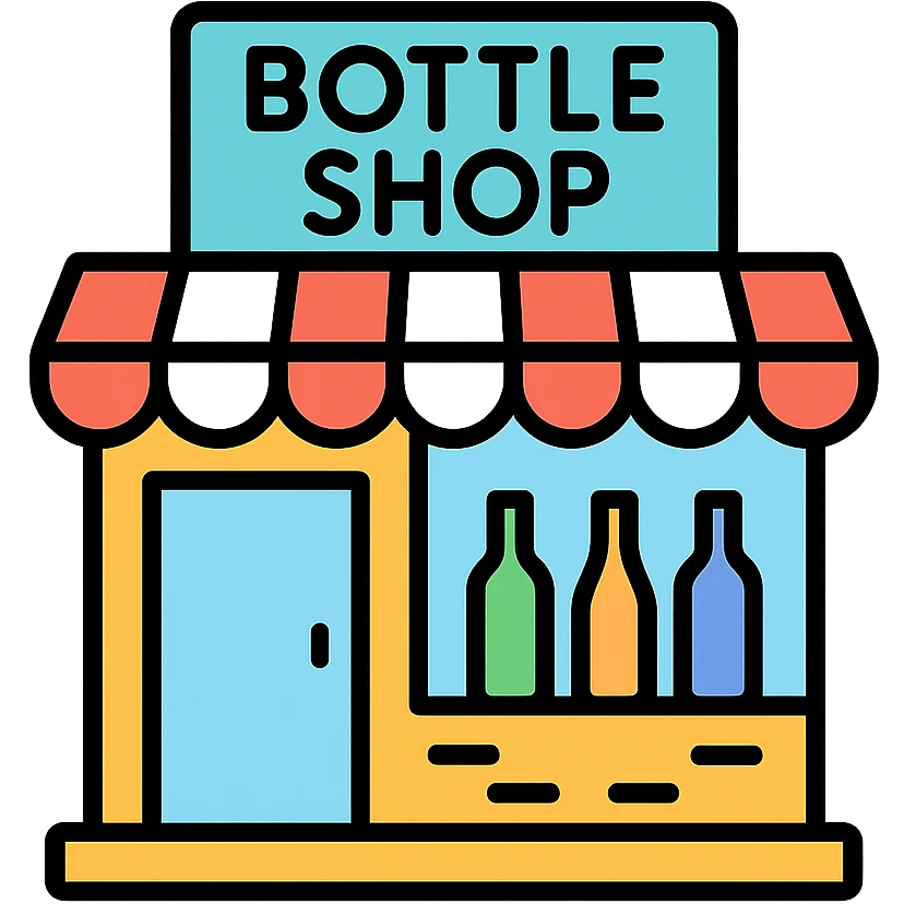 bottle shop storefront, modern, clean, inviting, with bottles visible in the window, icon style emoji