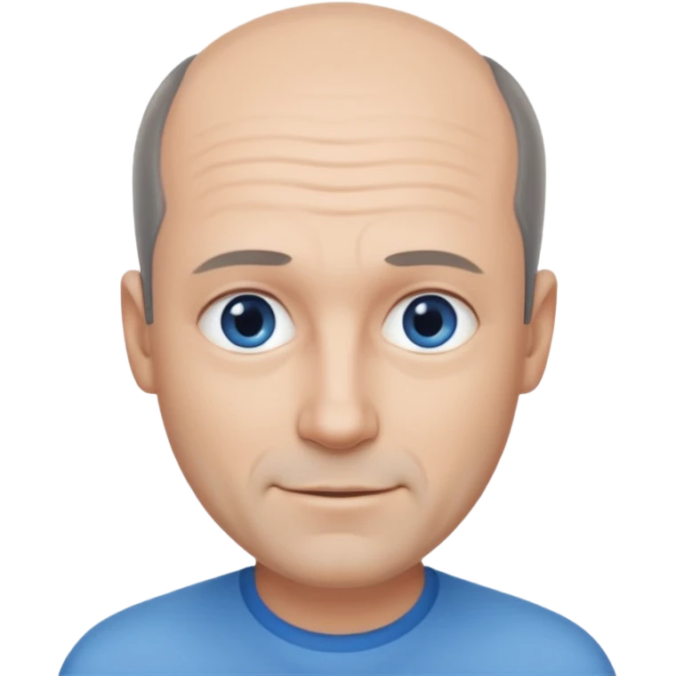 Middle aged man with black-greyish receding hairline, some hair on top, small blue eyes, clear face, shy smile emoji