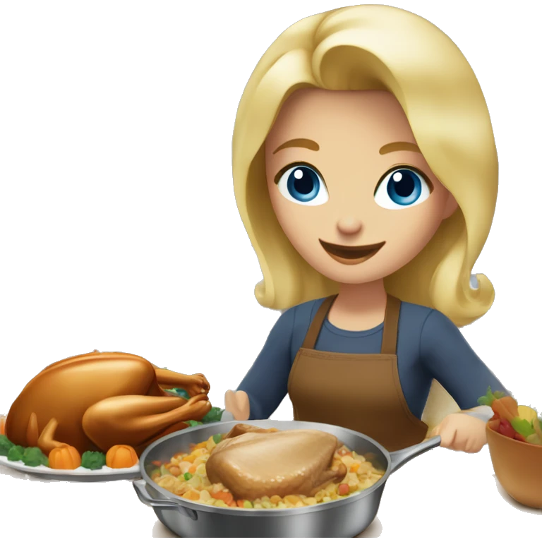blonde hair blue eyed girl cooking thanksgiving dinner. you can see her whole body and the kitchen  emoji