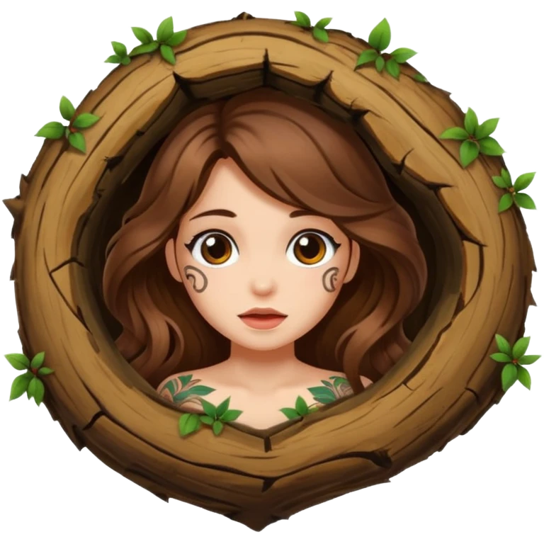 cute woman long wavy brown hair tattoos peeking from tree hole emoji