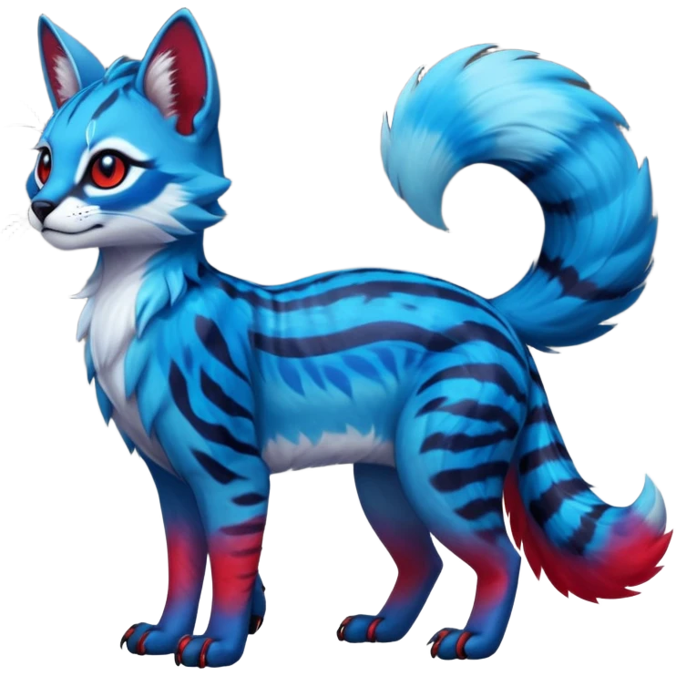 Cute kawaii cool edgy badass  vibrant cyan-cobalt-blue-to-crimson-red gradient-colored iridescent glossy fur  fantasy-caracal-civet-genet-sergal-vernid-Gryphon-Cacomistle-Trico-oncilla-animal-Fakémon-hybrid-fursona (full body), facial markings, (realism style) emoji