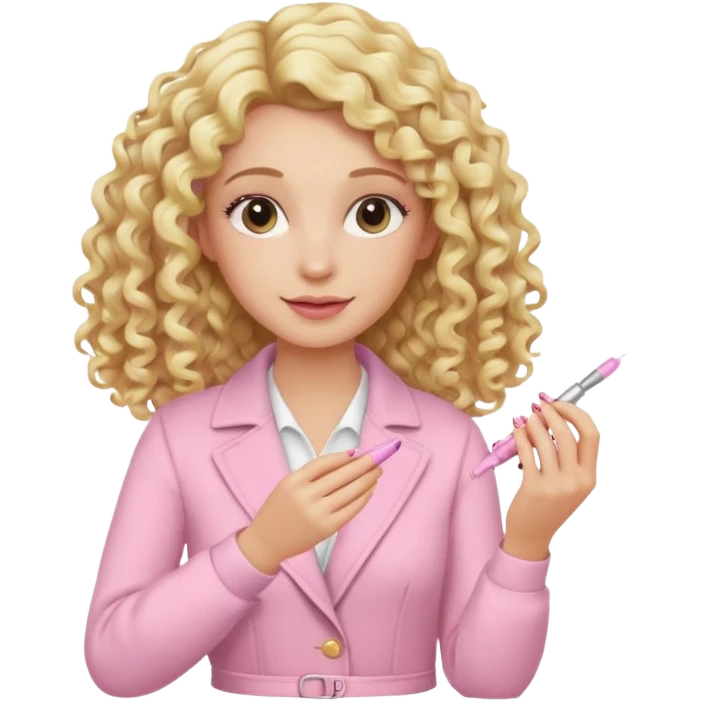 Blonde curly long hair woman with soft pink clothes doing manicure emoji