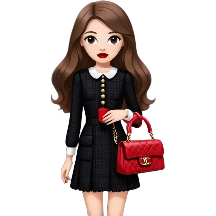 White girl with brown long hair dressed up in black chanel tweed dress with a red chanel bag and red lipstick. Close up shot with wind blowing her hair looking fancy emoji