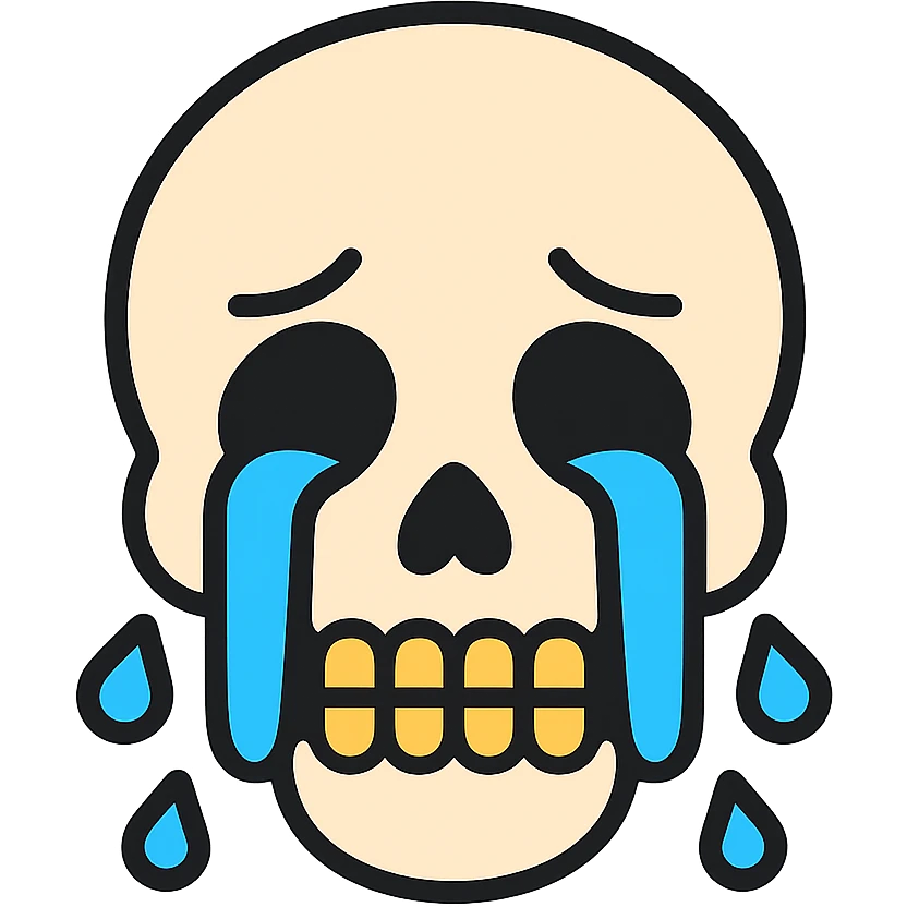 A skull with tears flowing from its eye sockets, crying skull, sad expression emoji
