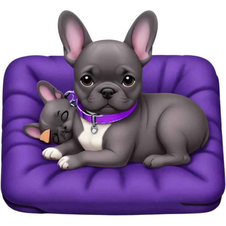 Still life, Dark Gray French bulldog puppy with white belly, sleeping on a dark purple flat blanket, with a purple dog collar around neck emoji