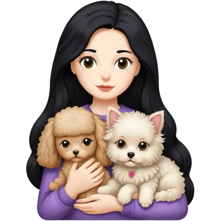 One Lady with long black hair, holding 2 animals -a Ragdoll cat and a small poodle dog emoji