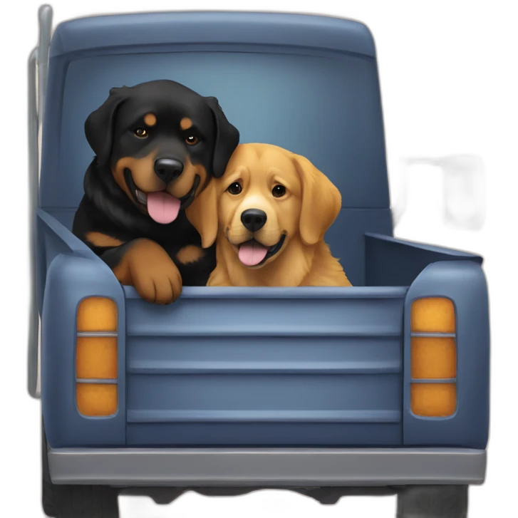 A rottweiller hug A Golden retriever in a truck emoji