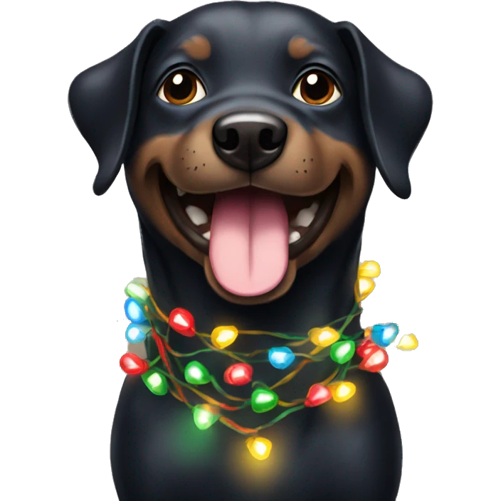 happy dark dog wrapped in christmas lights emoji