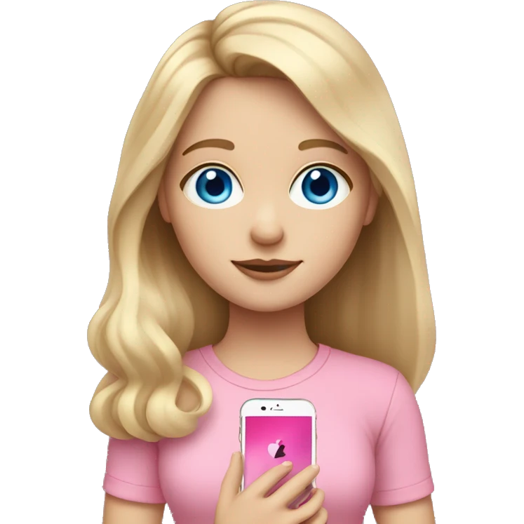 a blue eyed white dark blond hair girl wearing a pink shirt holding a pink iphone  emoji