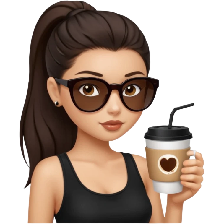 generate a pretty fair bratz girl with dark brown eyes, dark brown eyes tied into a slick back ponytail, thin brown sunglasses. Wearing a black cami top and drinking coffee emoji