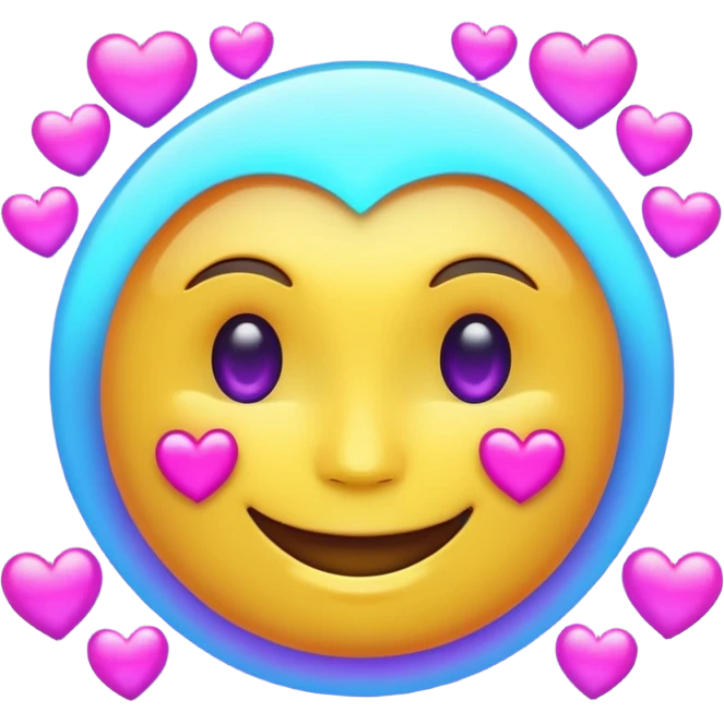 Futuristic glowing smiling face emoji with neon hearts instead of eyes, purple and blue holographic light, dark background emoji