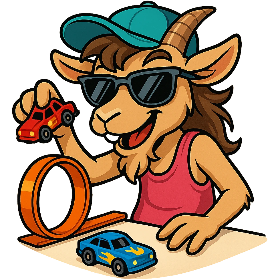 goat for Telegram stickers inspired by reference https://attic.sh/feoducyurkpqwz0la088soao98sx: wearing a cap, glasses, mullet hairstyle, pink drunkard tank top, playing with hot wheels cars emoji