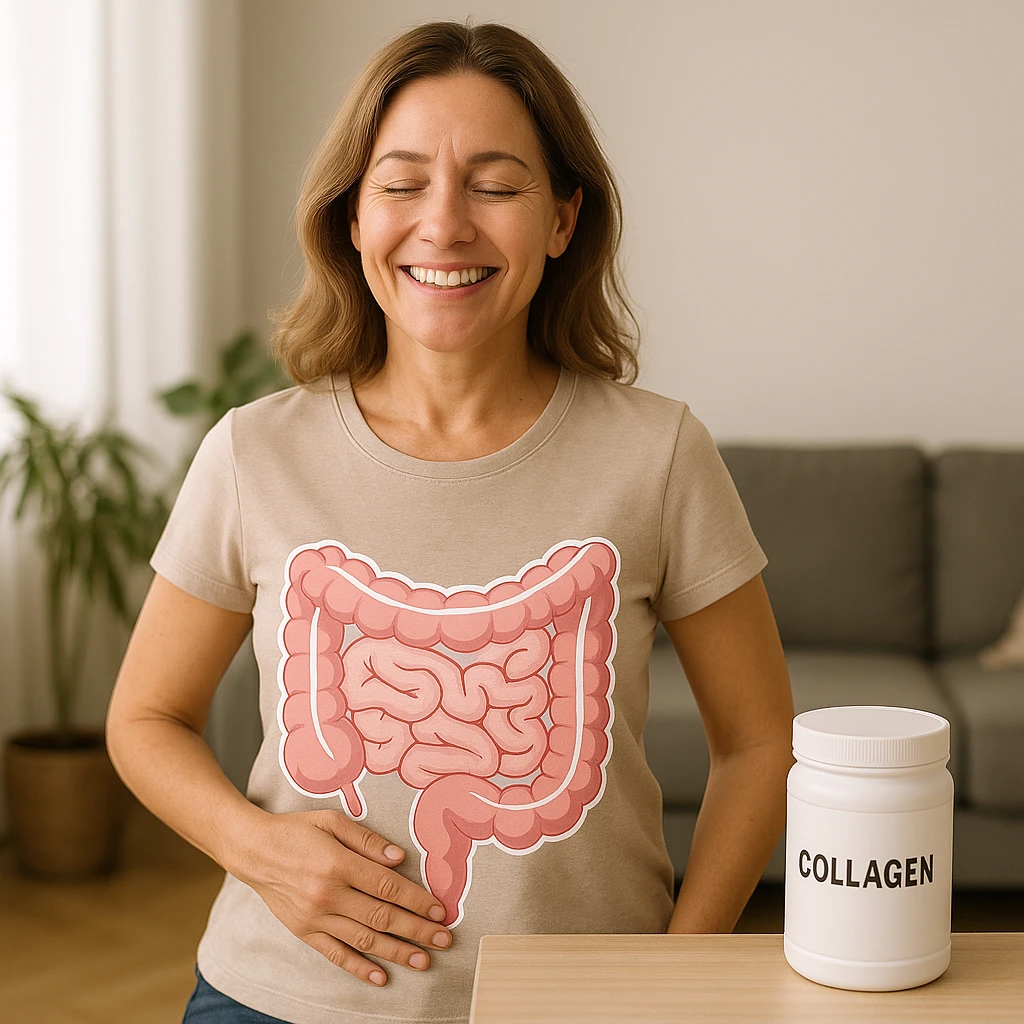 realistic image of a happy woman with a healthy intestine due to collagen use, hand on abdomen, smiling, anatomical details, everyday environment, collagen supplement on the table emoji
