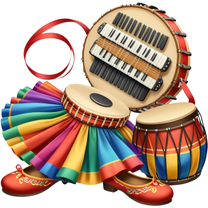 Icon for Folk Dance: close-up traditional dance shoes, colorful folk costumes, and a dance circle with ribbons and musical instruments like a tambourine or accordion. The icon should represent the vibrant and cultural aspects of folk dancing. Transparent background. emoji