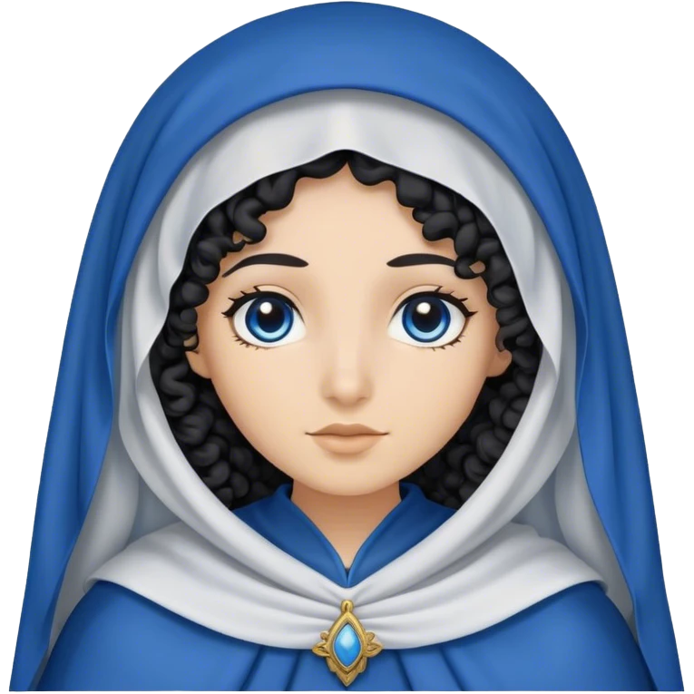 Mujer hebrea con ojos negros, manto azul y pelo largo negro rizado y con la cabeza tapada con un velo y la cara de raza blanca emoji