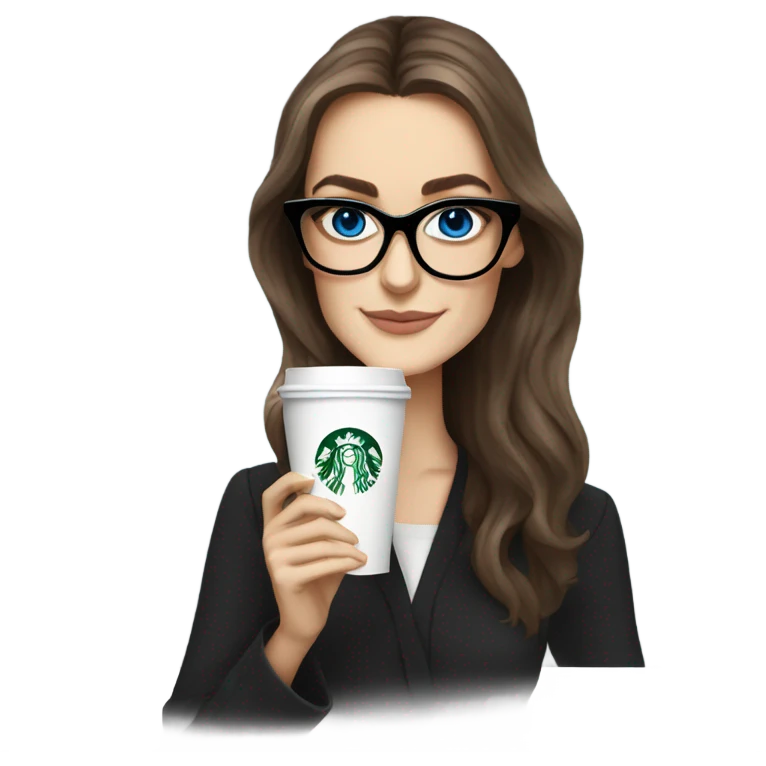  ⁸lHyper Realistic Photo keireav Knightly wearing black glasses and blue eyes holding Starbucks  emoji
