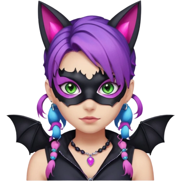 Girl with green eyes, wearing a bat mask with pink stones around her eyes, her hair tied in a ponytail, the hair is purple with blue and pink streaks, with black cat ears with pink stones around, wearing a black shirt that covers the neck, and a sleeveless blue jacket, and a necklace of pink stones emoji
