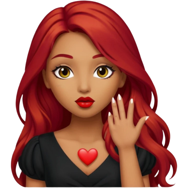  woman with long red hair and dark make up and olive skin sending a kiss in black dress emoji