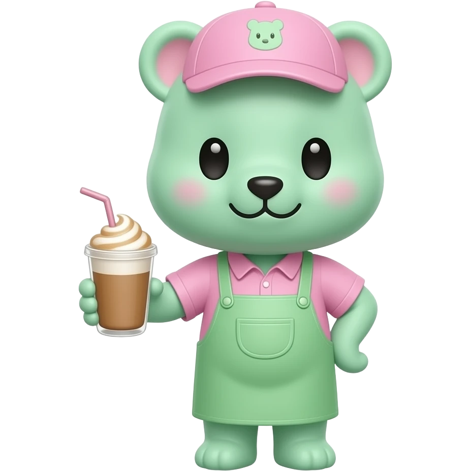 soft green cute characters mascot for barbie cafe like barista inspired by barbie colour pallete emoji