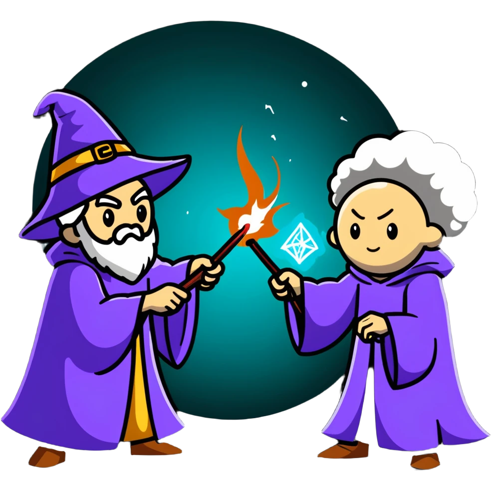 wizard and brain dueling with colorful spell blasts emoji