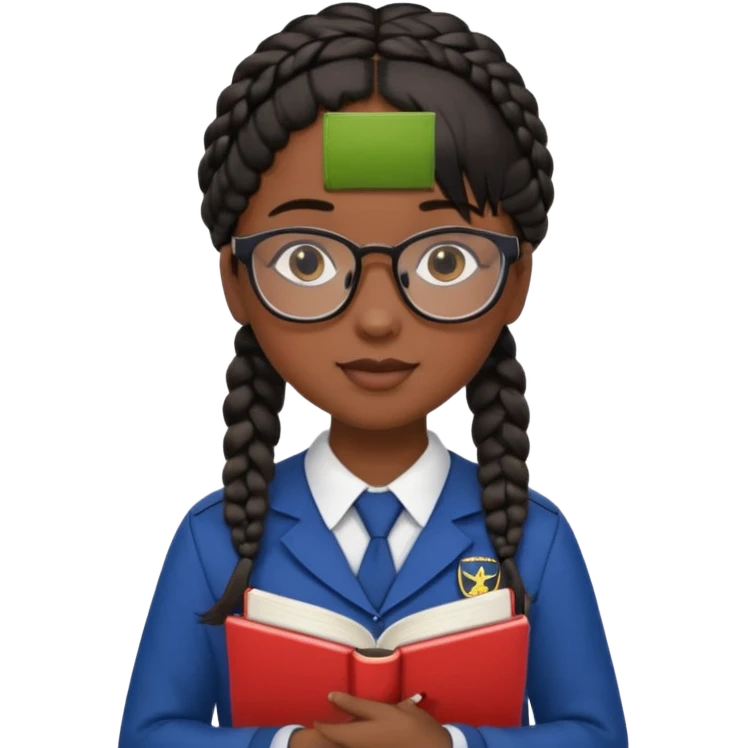 Girl student wearing uniform, glasses, hold book in front of their chest, black braided hair, dark skin emoji