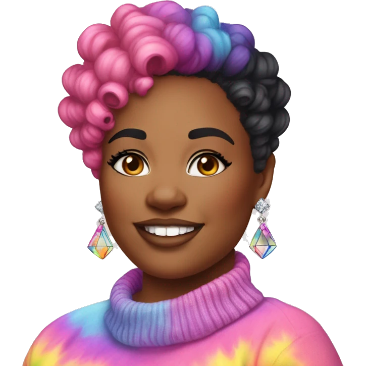 Plus size black woman with pink curly pixie cut hair and a rainbow tie dye sweater , and diamond stud earrings  emoji