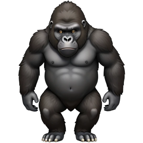 cinematic-gorilla-realistic-full-body-on-all-fours-emoji,-exuding-strength,-thick-dark-fur-in-the-light,-head-tilted-dramatically,-deep-dark-eyes-filled-with-intense-intelligence,-simplified-yet-realistic-focused-features,-highly-detailed, zoomed out friendly  emoji