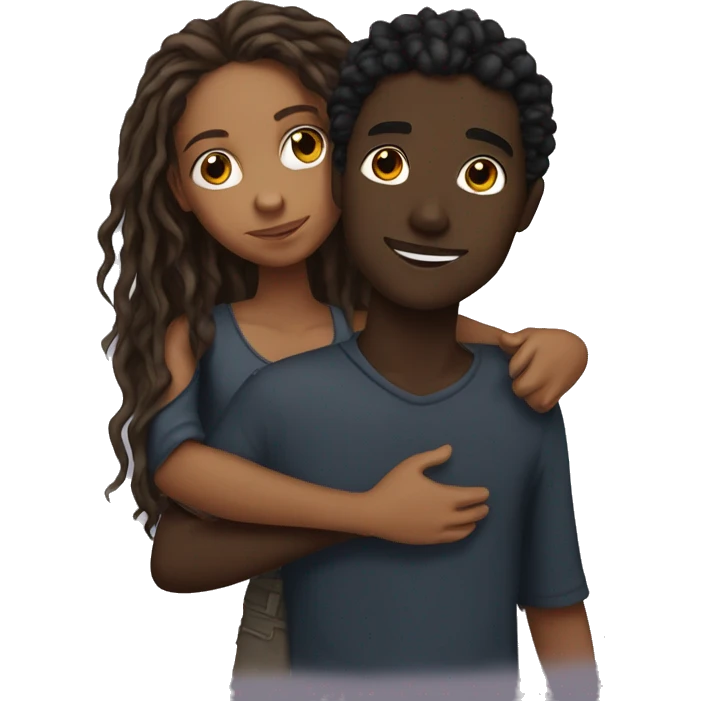 Brown girl with wavy hair hugging black boy who has dreads  emoji