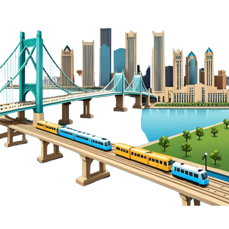 cinematic realistic emoji of Detroit with wide city view featuring iconic landmarks Renaissance Center Spirit of Detroit Detroit Riverwalk Ambassador Bridge lifelike detail accurate colors bright daytime lighting no sky no clouds transparent background emoji