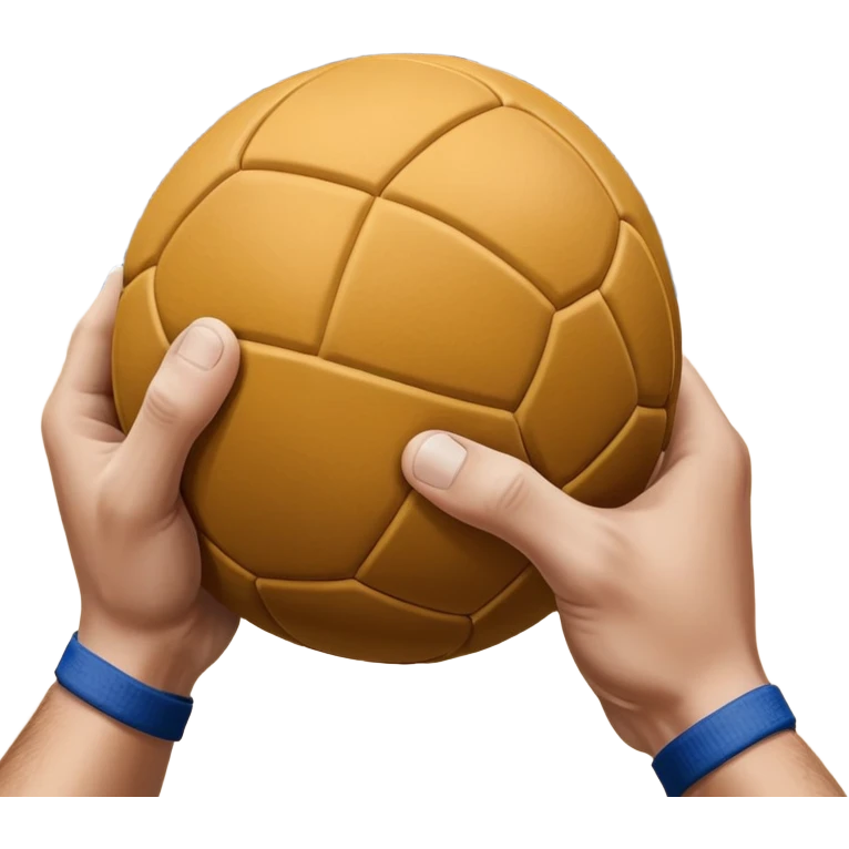 A close-up of a hand gripping a handball, with the handball gates visible in the background. The focus is on the texture of the ball and the strength of the grip, with the goal net slightly blurred to emphasize the anticipation of the throw. emoji