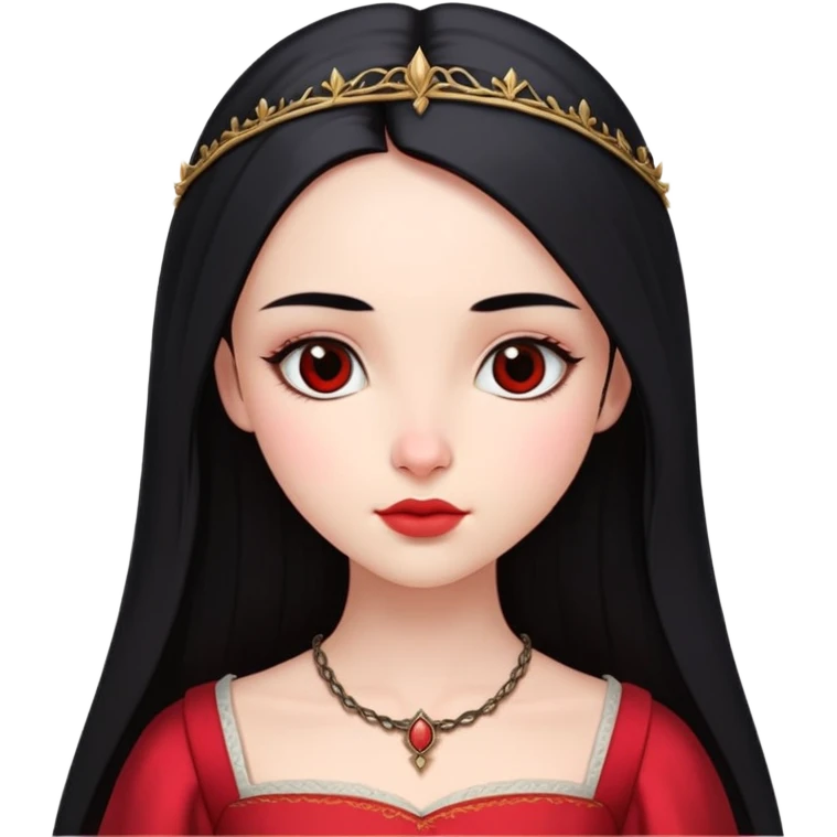 Beautiful girl 
Long, straight hair  
Pure black eyes  
Full, rosy bud-like lips  
A small, beautiful nose  
Eyebrows that are not short or thin, but not too thick or long either  
Fair skin  
Wearing a beautiful red medieval dress  
Skinny body type emoji