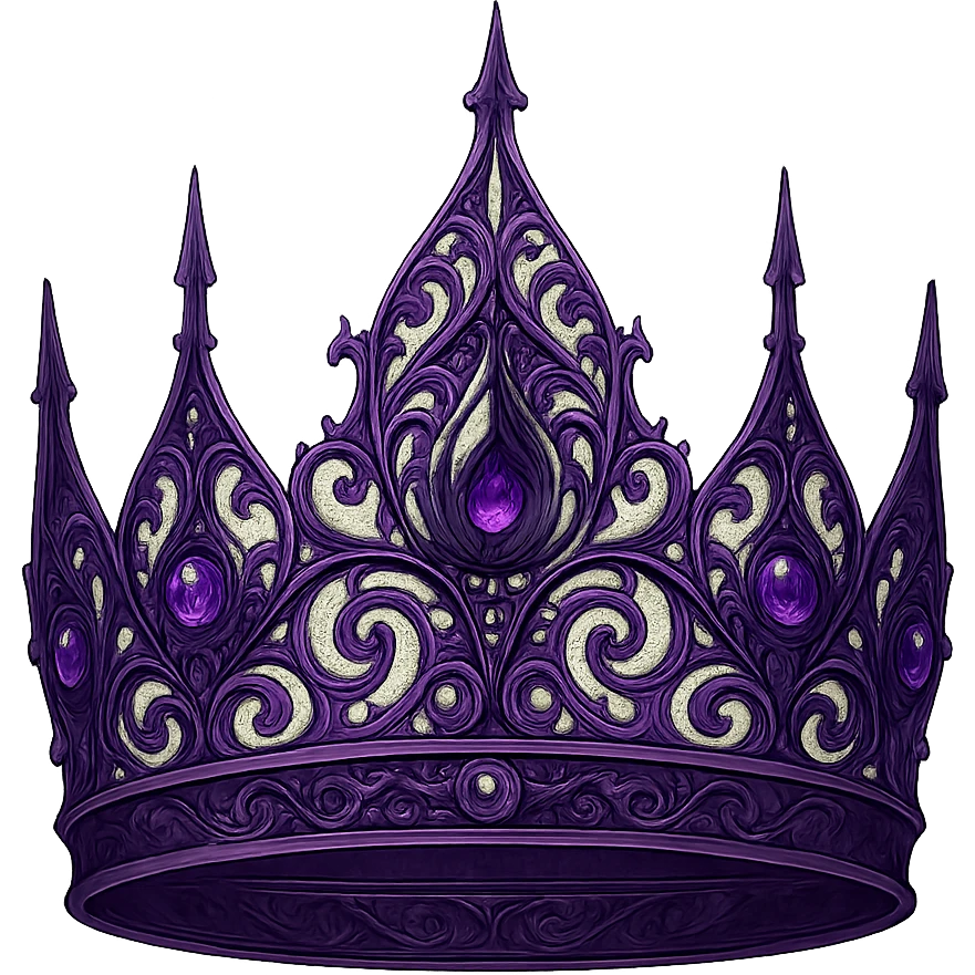 Change the gothic black crown to have intricate filigree in purple metal, purple diamonds, and a dramatic silhouette. Keep the background transparent. The style should maintain the gothic and elegant look of the original image. emoji