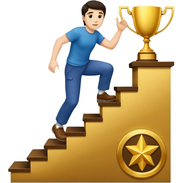 UN HOMBRE DE PIEL CLARA Y PELO OSCURO SUBIENDO ESCALERAS PARA ALCANZAR UN TROFEO emoji