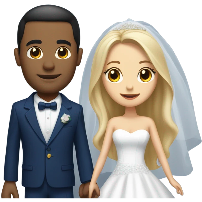 Puerto rican beard short hair with blue hat and navy blue suit getting Married with blond long hair girl with white  wedding dress  emoji