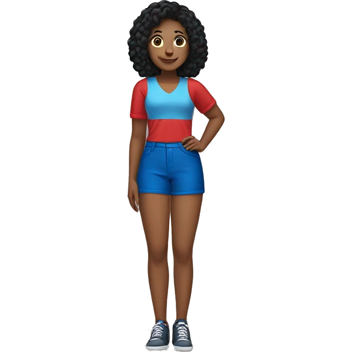 Create an emoji of a woman with black hair, wearing blue shorts and a red top and posing. emoji
