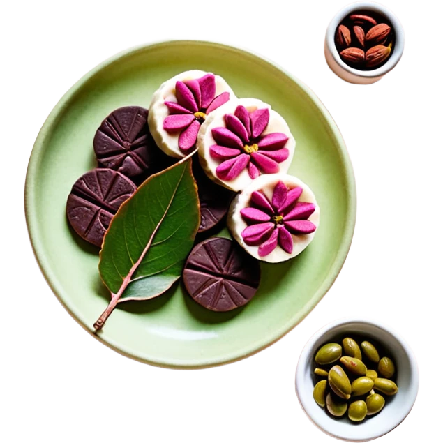 Una composición de arte en miniatura, estilo flat lay: un trozo de manteca de Karité o cacao cruda con una pequeña ramita de oliva y pétalos de rosa seca alrededor. Colores: tonos tierra, verde oliva y crema. Estilo: orgánico y de estudio fotográfico. Fondo suave. emoji