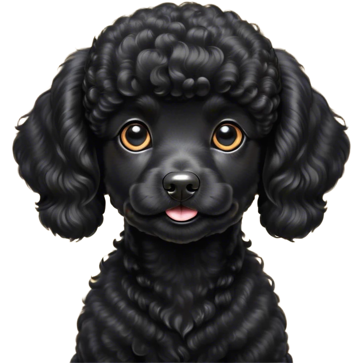 Cinematic Cute Black Poodle Portrait Emoji, Head tilted playfully and inquisitively, showcasing a bouncy, curly jet-black Fur with a striking sheen, round, sparkling dark eyes filled with curiosity, Simplified yet irresistibly adorable features, highly detailed, glowing with a warm, friendly glow, high shine, affectionate and lively, stylized with a touch of whimsy, bright and endearing, soft glowing outline, capturing the essence of a mischievous yet loving companion, so playful it feels like it could bounce out of the screen and into your arms! emoji