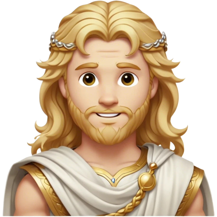 Cinematic Realistic Thor Portrait, head tilted playfully and inquisitively, showcasing his classical Greek god allure with a relaxed, yet commanding presence. His fair, radiant skin and flowing, wavy golden hair are highlighted by a gentle smile and twinkling, approachable eyes. Clad in a gracefully draped white toga with subtle golden embellishments, he exudes a lighthearted yet powerful charm under soft, natural lighting. emoji